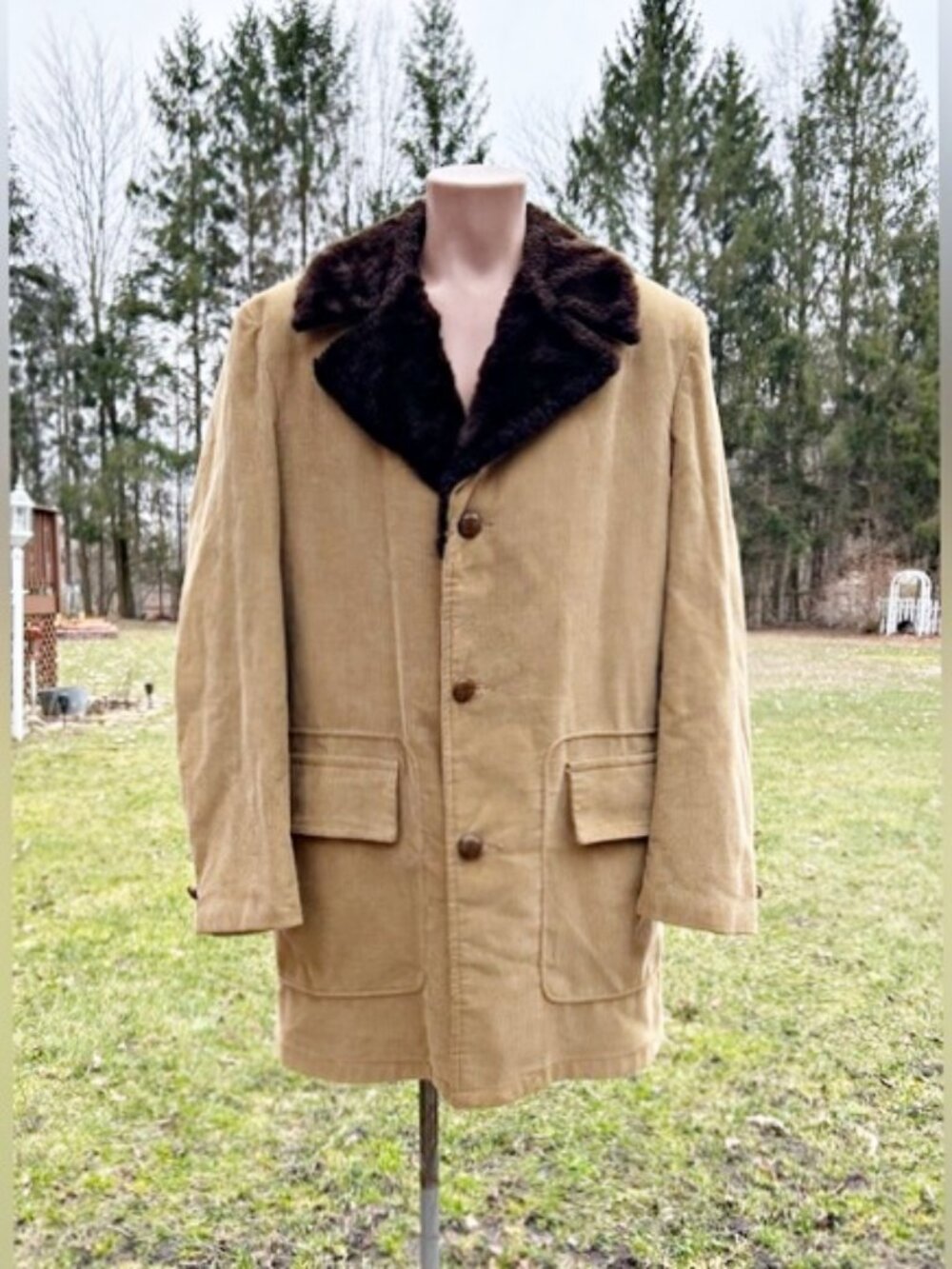 Vintage Retro 70s Sears Mens Tan Corduroy Faux Fur Trim Hipster Coat~44 Tall~